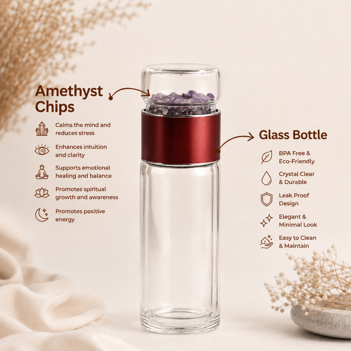 Amethyst Crystal Chips Glass Water Bottle