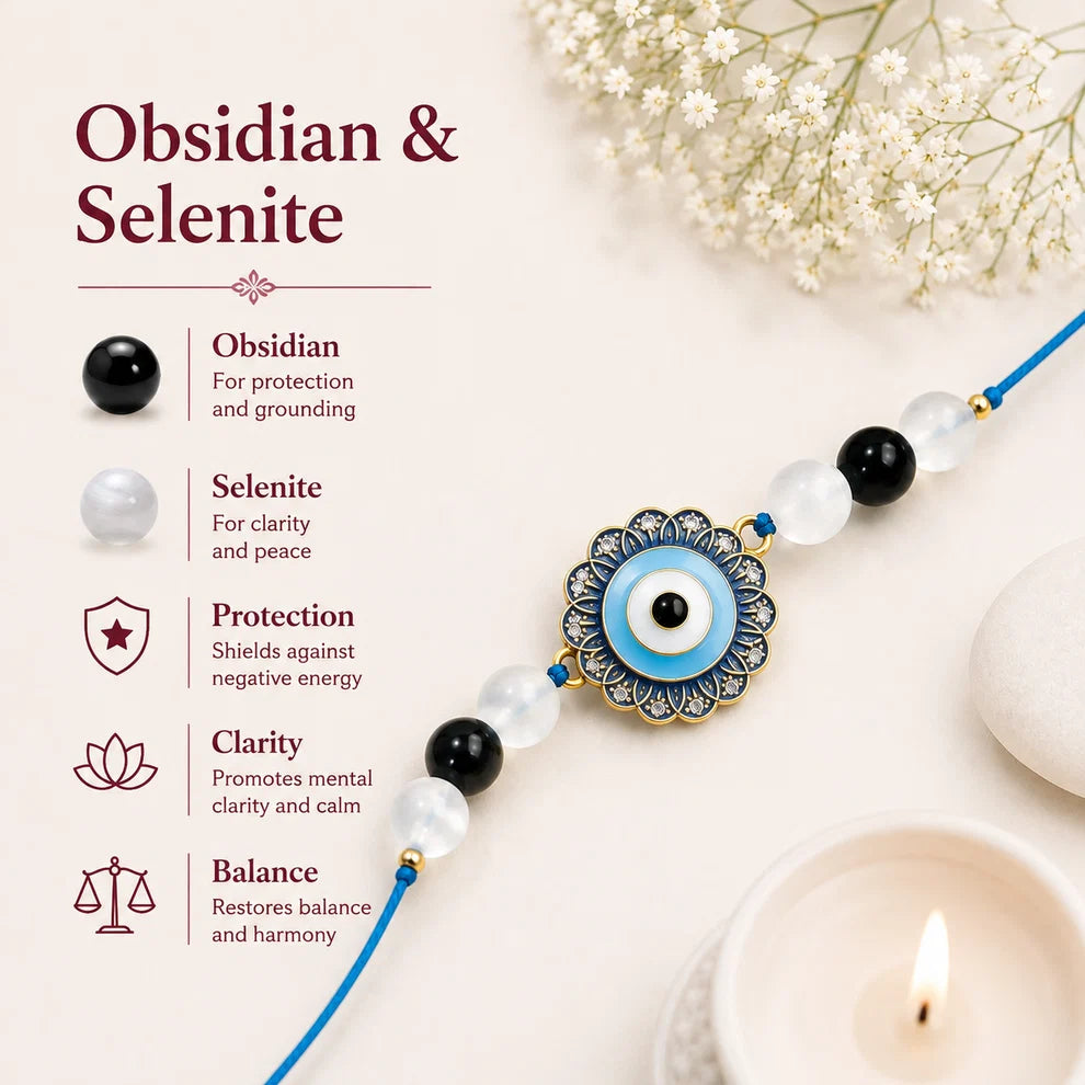 Pyrite Crystal Pen & Evil Eye Rakhi Combo