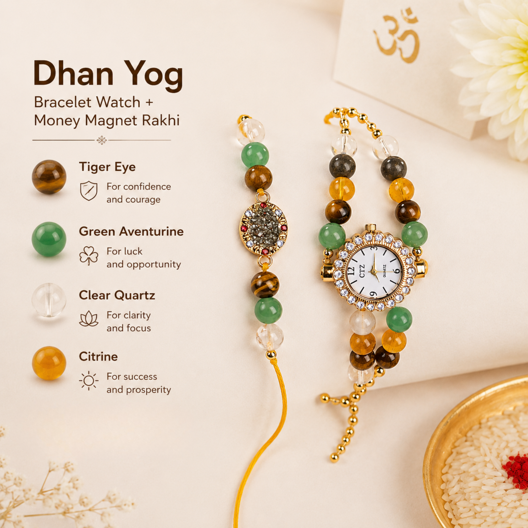 Dhan Yog bracelet watch and Money Magnet Rakhi with Tiger Eye, Green Aventurine, Clear Quartz and Citrine