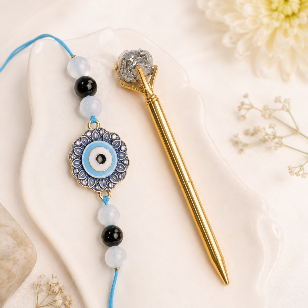 Pyrite Crystal Pen & Evil Eye Rakhi Combo