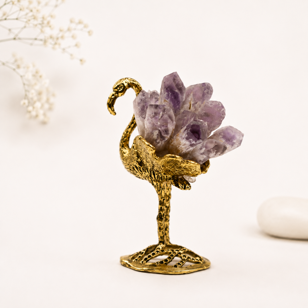 Brass Flamingo with Amethyst Crystal
