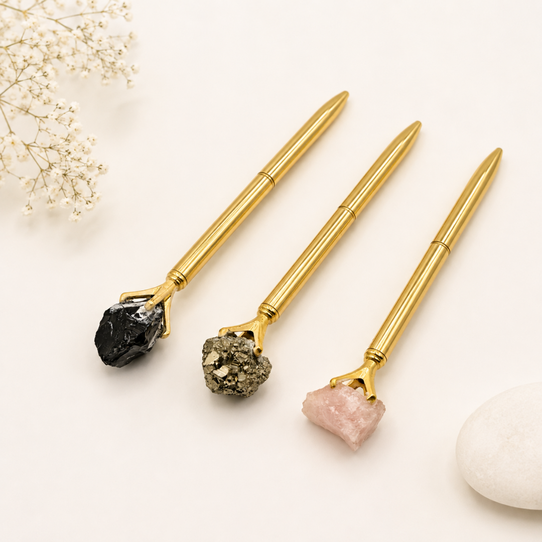 Rose Quartz, Pyrite & Black Obsidian Crystal Ballpoint Pens