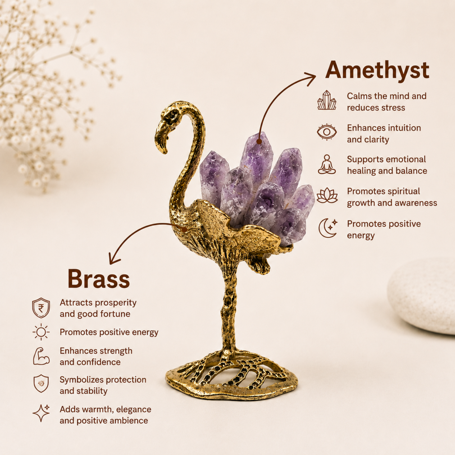 Brass Flamingo with Amethyst Crystal