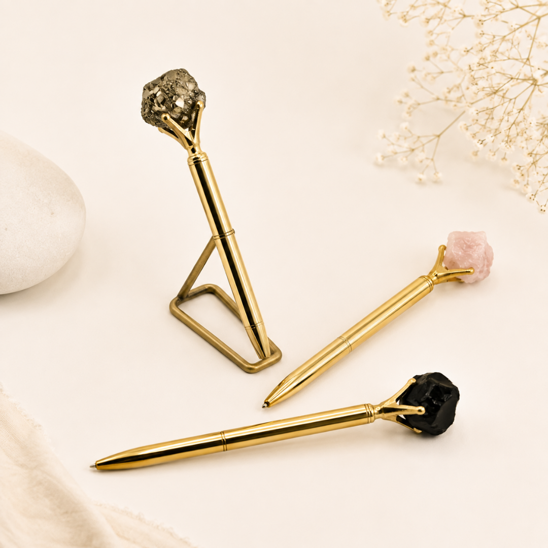 Rose Quartz, Pyrite & Black Obsidian Crystal Ballpoint Pens