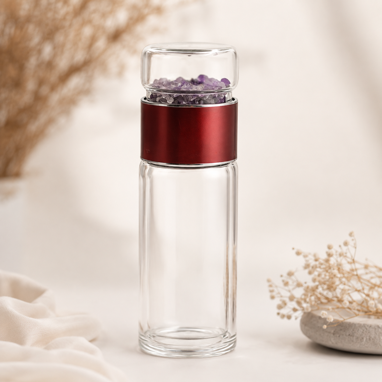 Amethyst Crystal Chips Glass Water Bottle
