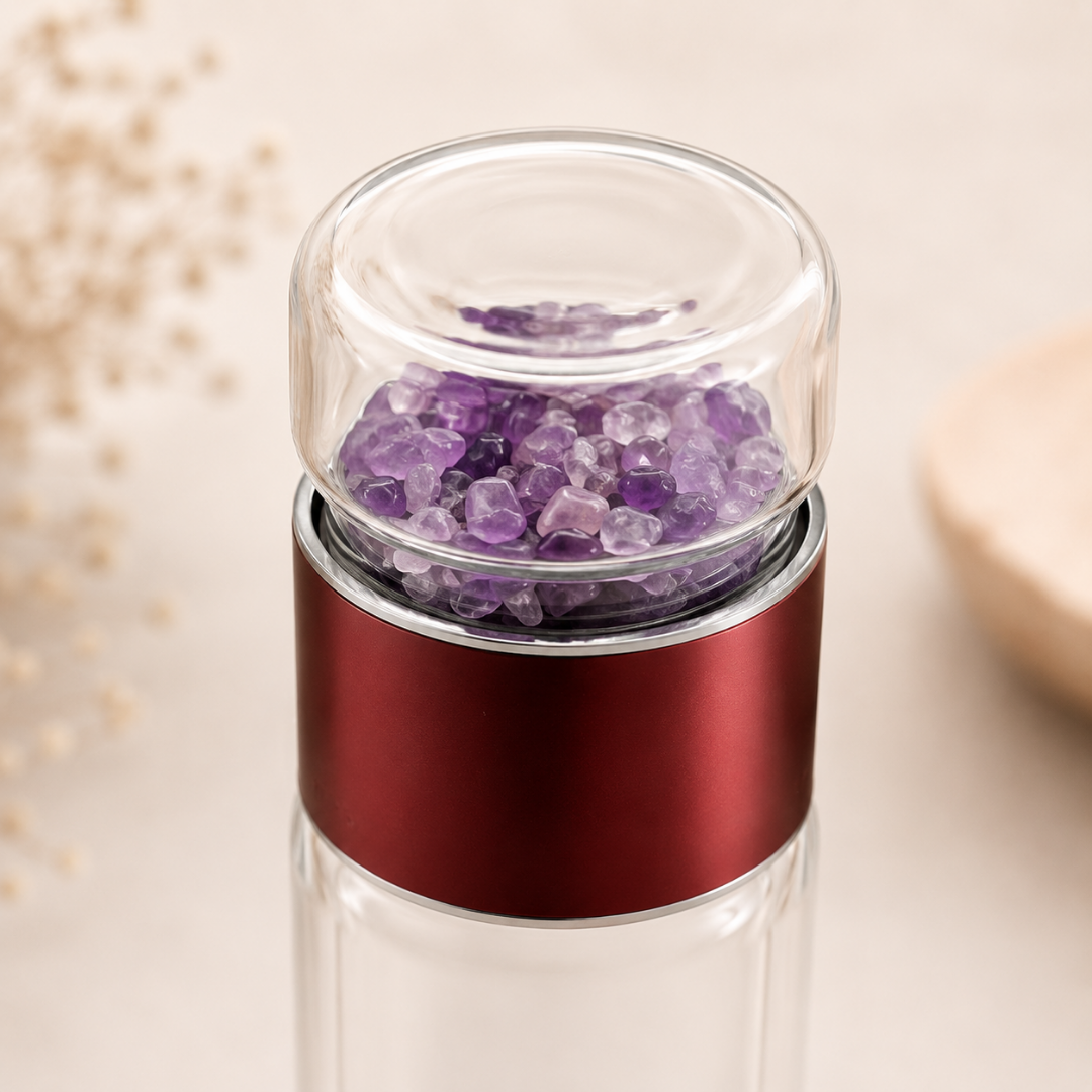 Amethyst Crystal Chips Glass Water Bottle