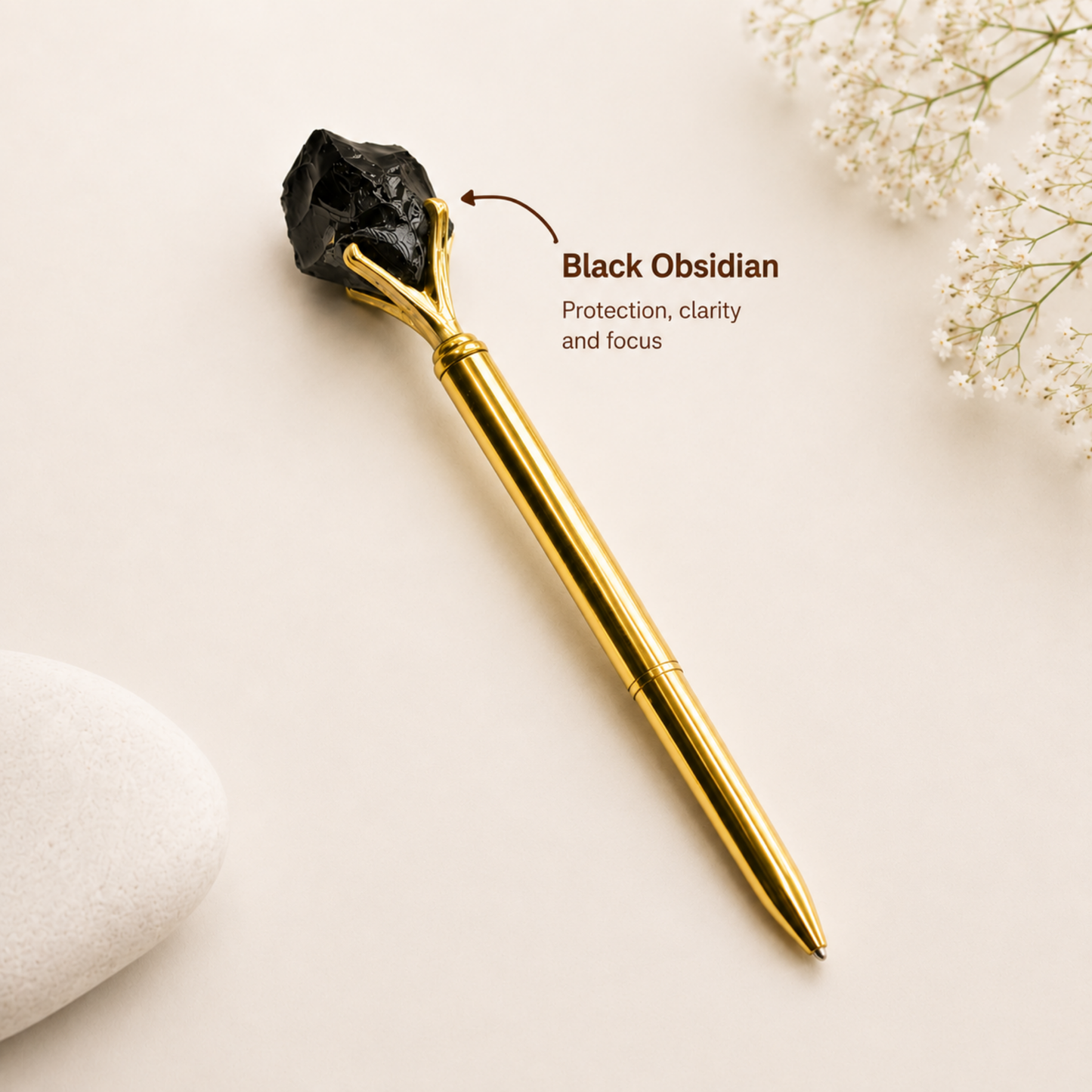 Rose Quartz, Pyrite & Black Obsidian Crystal Ballpoint Pens