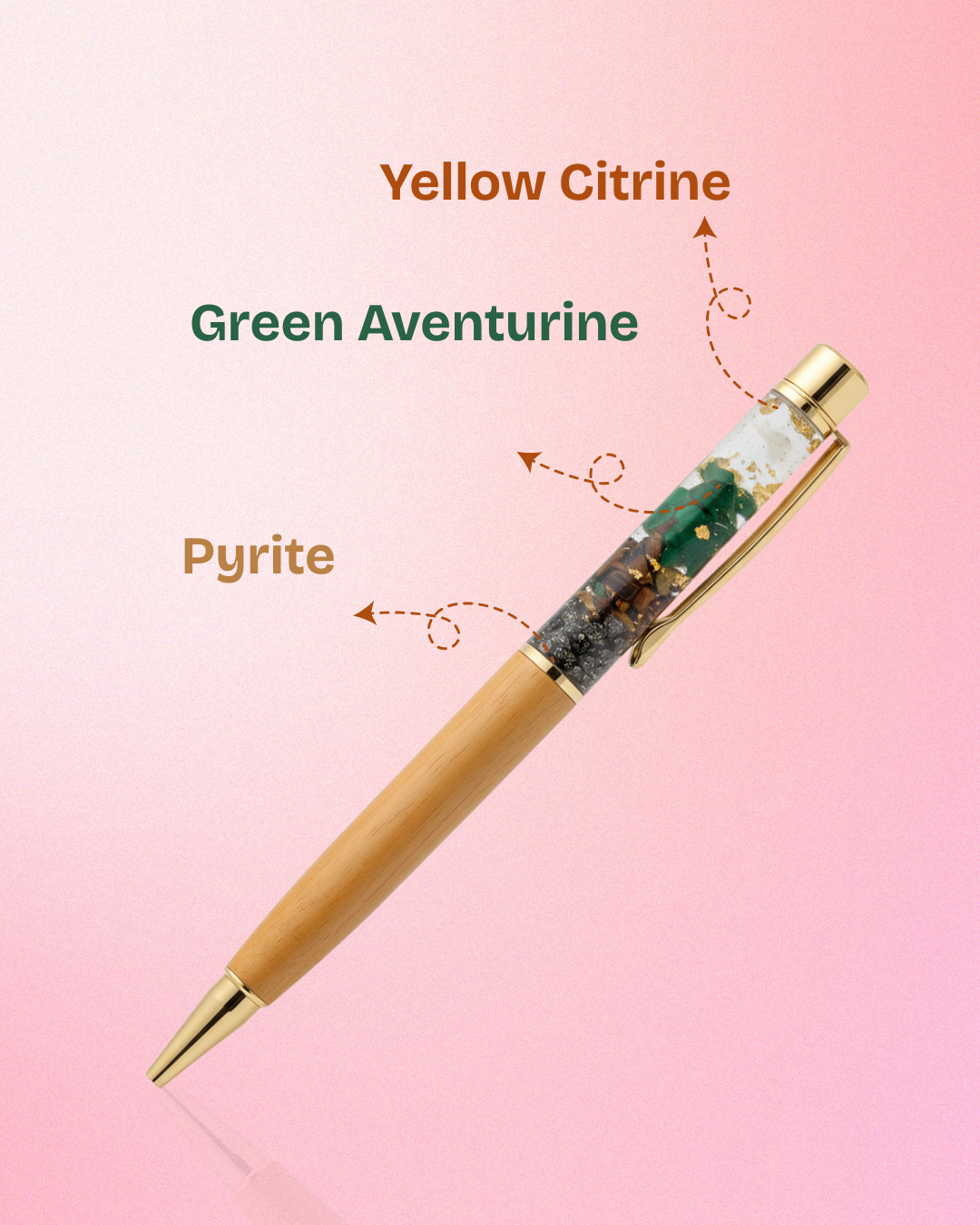 Wealth & Success Crystal Pen – Infused with Pyrite, Green Aventurine & Yellow Citrine