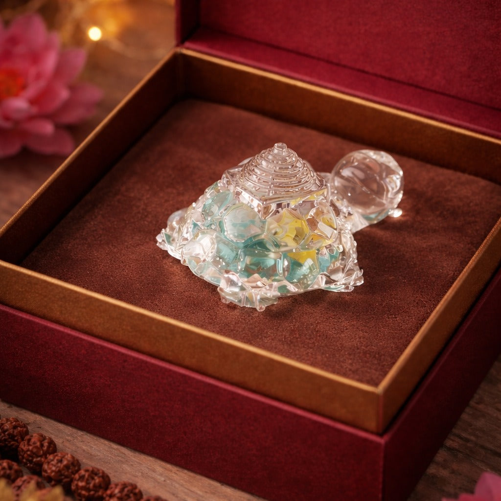 Crystal Shree Yantra on Tortoise (Kurma) Base – Sacred Vastu & Prosperity Energizer