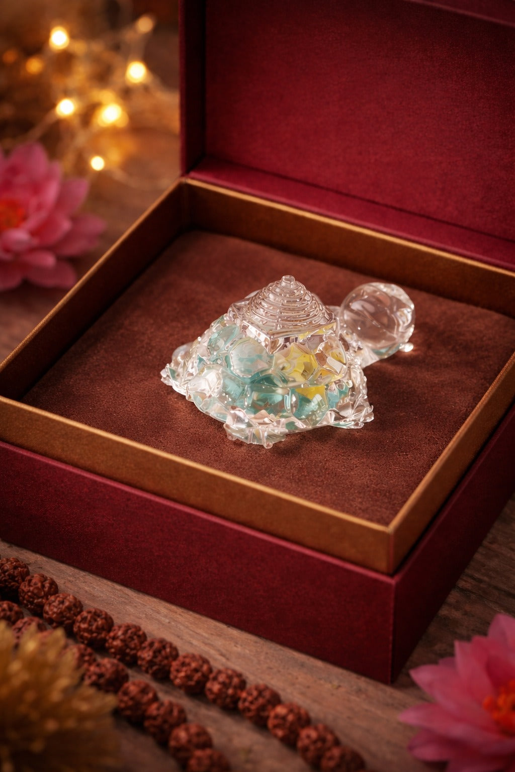 Crystal Shree Yantra on Tortoise (Kurma) Base – Sacred Vastu & Prosperity Energizer