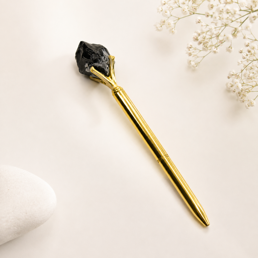 Luxury Gold Metal Ballpoint Pen with Raw Black Obsidian Stone